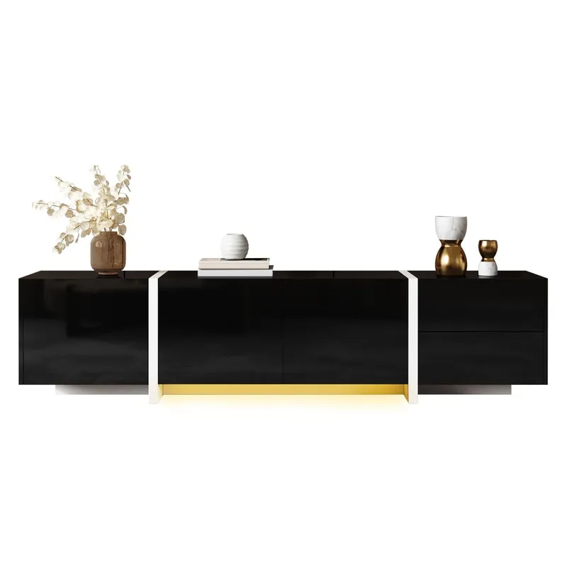 Mueble TV bajo - con puertas, cajones y luz LED - negro y blanco