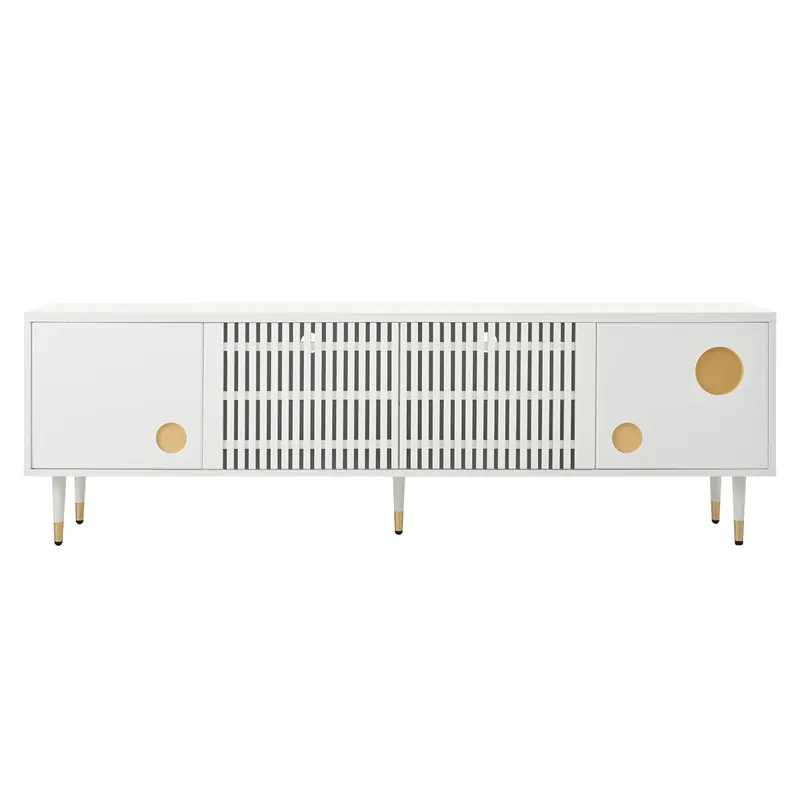 Mueble TV 170 cm - Estructura de rejilla, manijas ocultas, decoración dorada - Blanco