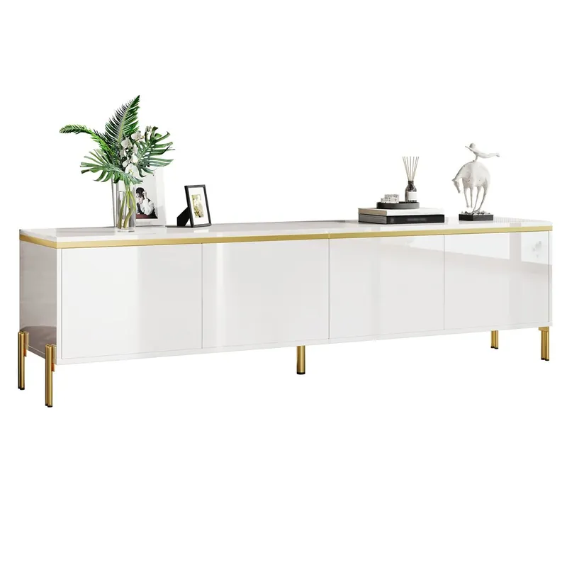 Mueble TV moderno - 4 puertas, brillo alto, ranura cables, borde dorado - Blanco