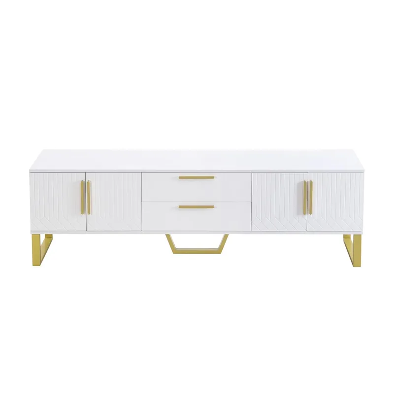 Mueble TV alto brillo - puertas texturizadas, detalles dorados, almacenamiento - Blanco