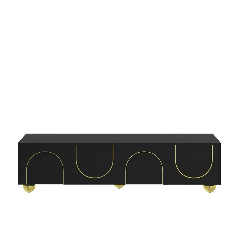 Mueble TV bajo - puertas estructuradas, push to open, patas redondas doradas - Negro