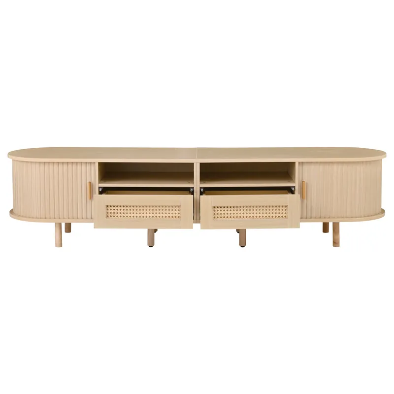 Mueble TV ovalado 170x40x40 cm - 2 cajones de diseño rattan, 2 puertas correderas - Color roble claro