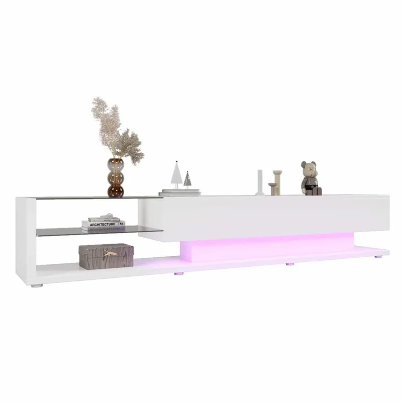 Mueble TV 170cm con LED y mampara de cristal - 2 cajones - Negro