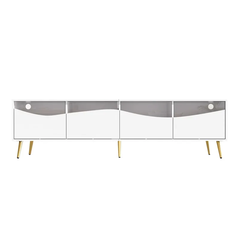 Mueble TV 180x40x50 cm - con iluminación LED, frente de vidrio, pies metálicos dorados - Blanco