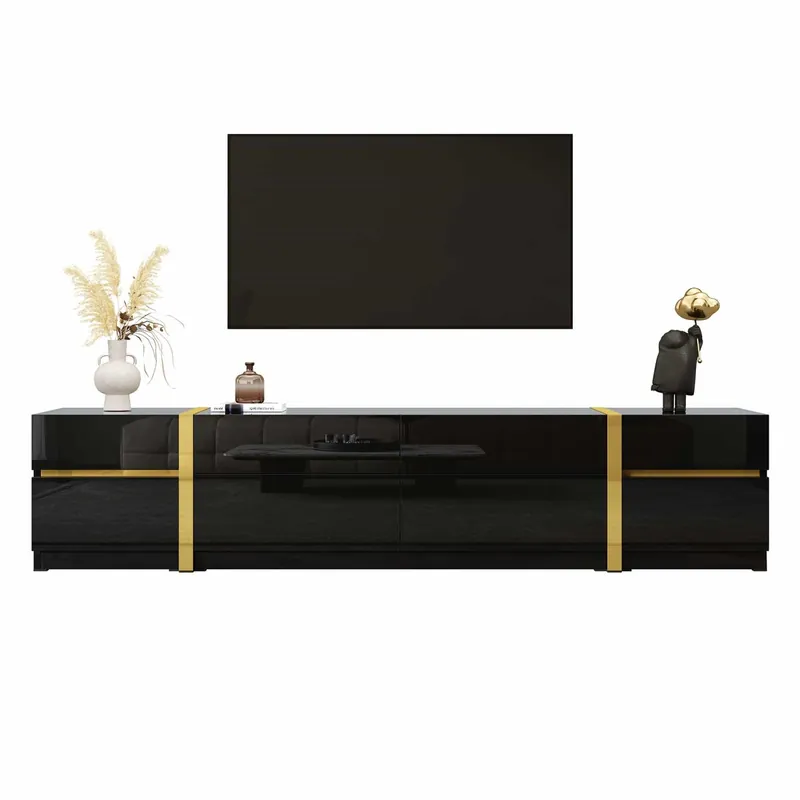 Mueble de TV - Estilo moderno - Con cajones y puertas - Acabado en alto brillo - Bordes dorados - Gran capacidad de almacenamiento - Color dorado y blanco