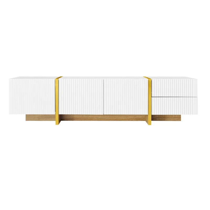 Mueble TV 190 cm - 3 puertas, 2 cajones - Blanco con dorado y madera