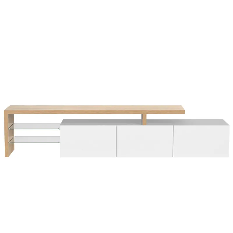 Mueble TV 197.5 cm - Diseño moderno, elegante, con almacenamiento práctico, alta gloss, madera, estantes de vidrio, iluminación LED - Natural+Negro