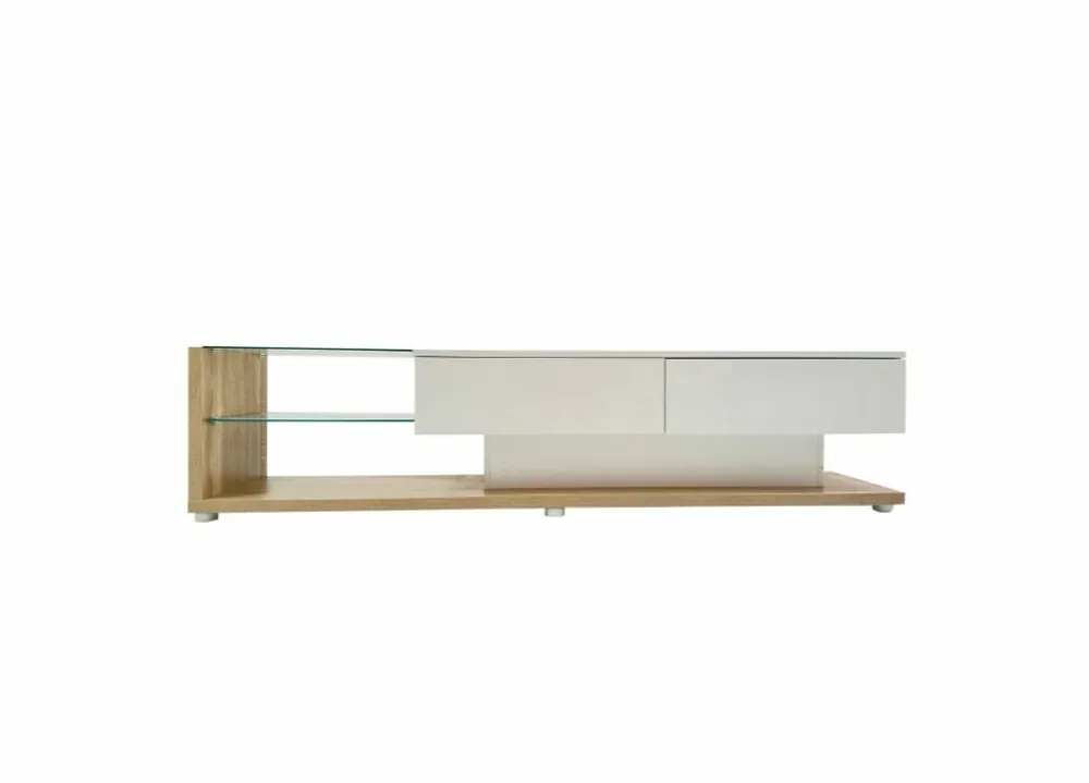 Mueble TV blanco brillo y madera con cristal e iluminación LED variable 170*36*38cm - Muebles