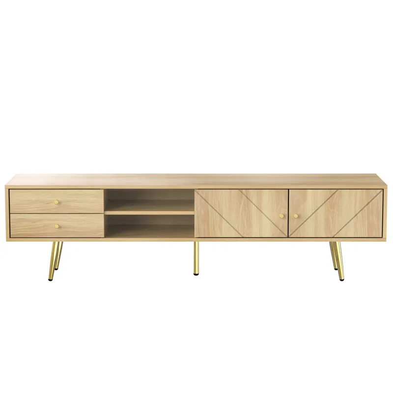 Mueble TV 160x36x42cm - con 2 cajones y 2 puertas - patas doradas - Natural