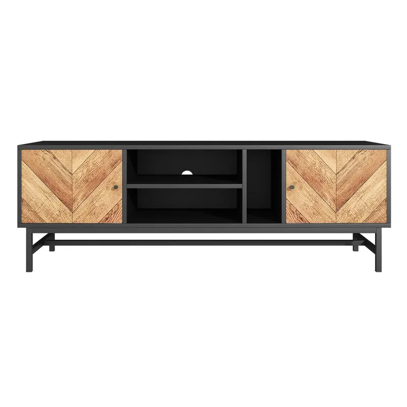 Mueble TV 150x38x55cm - con estantes y 2 puertas - Natural + Negro
