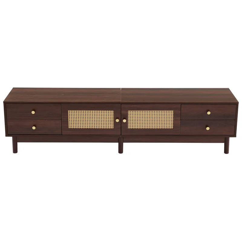 Mueble para TV - con 2 puertas de ratán y 4 cajones - apto para televisores de hasta 80" - Marrón