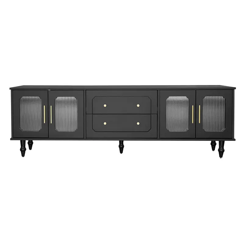 Mueble para TV moderno - con puertas de ratán y 2 cajones - patas de metal - Negro