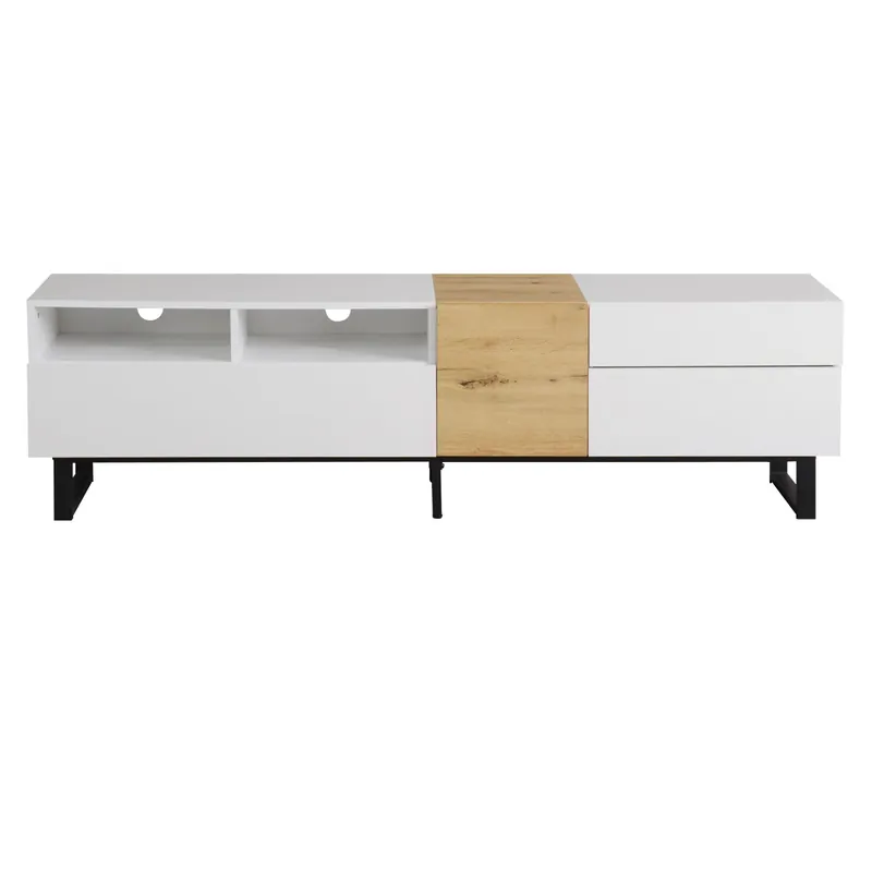 Mueble TV 180 cm - con 2 cajones y 5 compartimentos - en MDF - Blanco y Natural