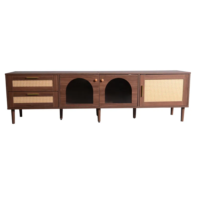 Mueble TV de 180 cm con iluminación LED - 2 cajones de ratán y 3 puertas - Marrón