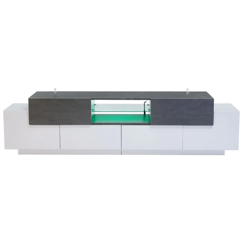 Mueble para TV LED 80/75/70/65/55 pulgadas - Centro de entretenimiento moderno con estantes de vidrio, almacenamiento - Blanco+Gris