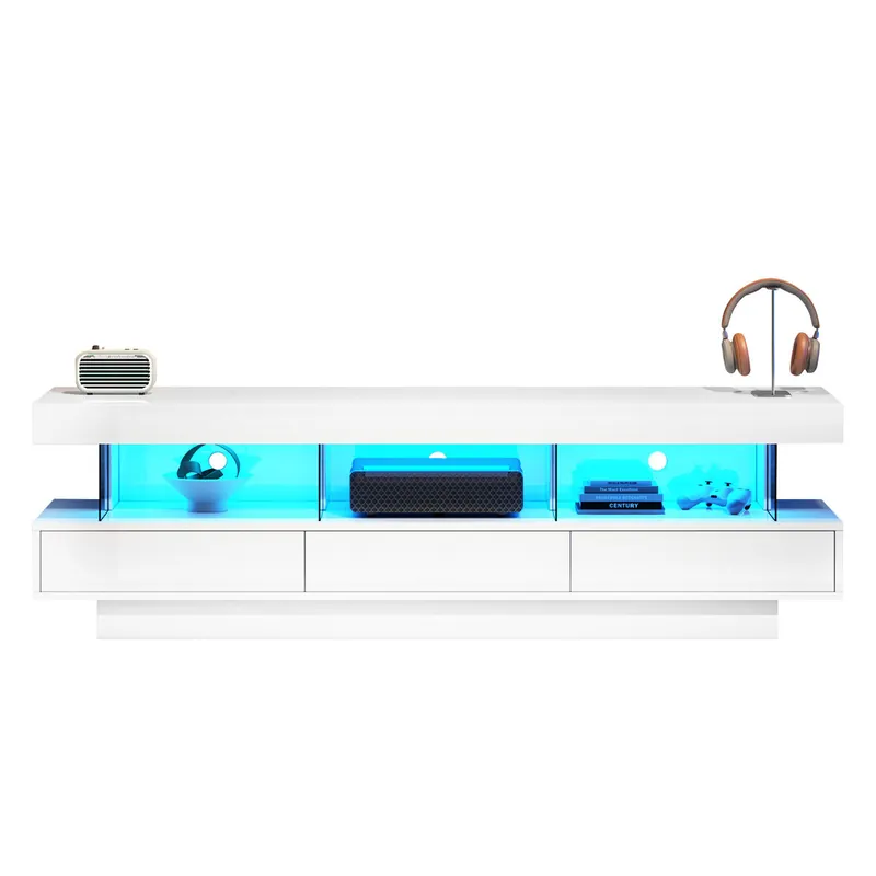 Mueble TV 160x38x50,5 cm - Con 3 estantes de vidrio, iluminación LED, control por app, conexión Bluetooth, para TV de 70 pulgadas - Blanco