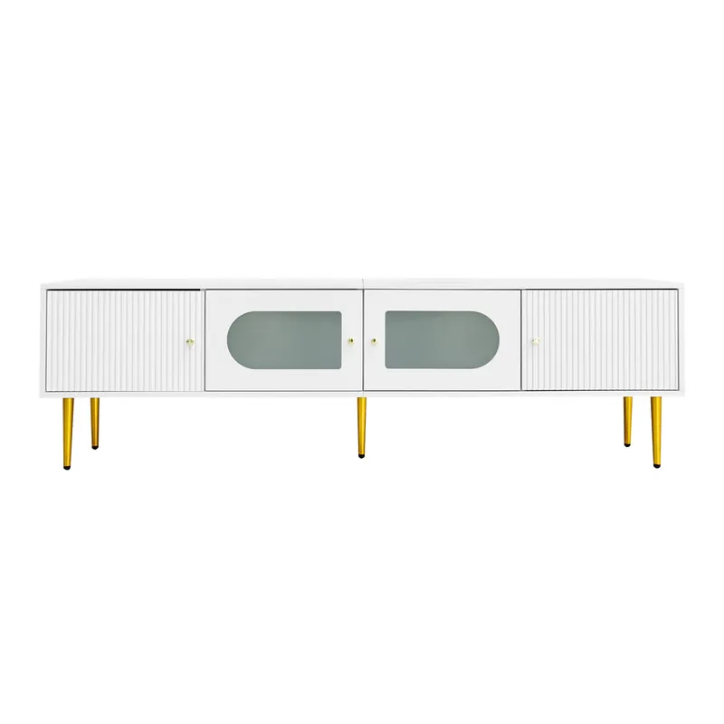 Mueble TV 170 cm - Cuerpo blanco con patas y tiradores dorados, 2 puertas con ranuras verticales y 2 con vidrio curvado - Blanco
