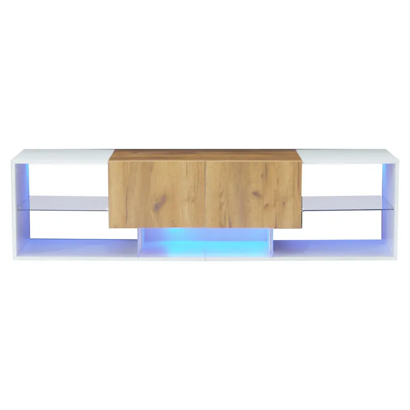 Mueble TV 3 Niveles para TV hasta 70" - Centro de entretenimiento moderno con estantes de vidrio y 2 cajones - Madera Natural Roble + Blanco Antiguo