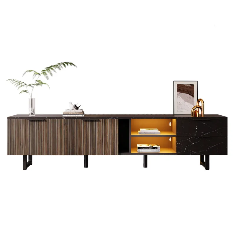Mueble TV 200 cm - con imitación mármol negro, puertas de madera con vetas oscuras, iluminación LED ajustable, 2 puertas y 2 cajones - Negro