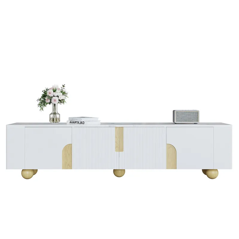 Mueble TV 180 cm - 4 puertas, diseño elegante, superficie efecto mármol, pies de madera esféricos - Blanco, Madera