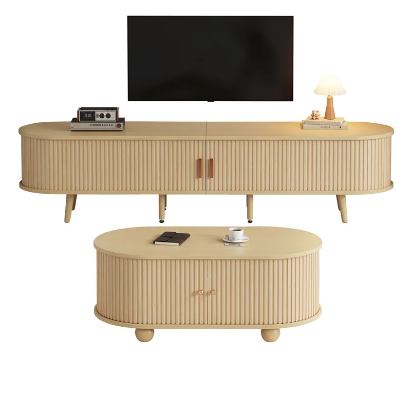 Mueble TV + Mesa de centro - Combinación ovalada con almacenamiento - Color madera natural
