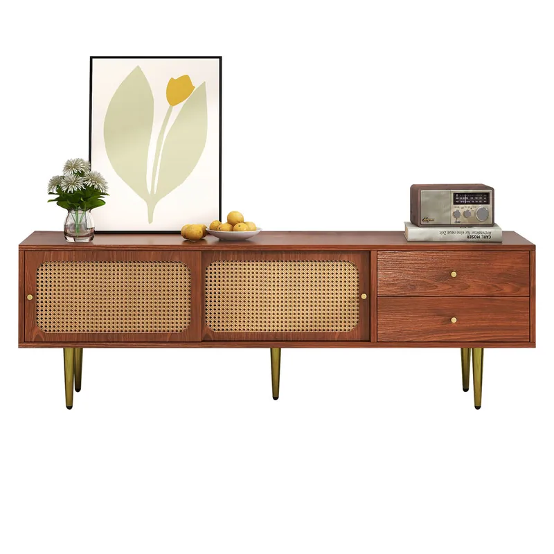 Mueble TV 160x40x60 cm - Estilo moderno con puertas correderas de ratán y cajones - Nogal y ratán oscuro