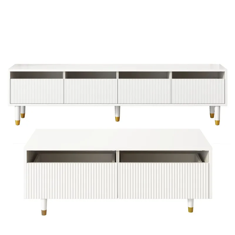 Juego de muebles LED - Estante TV 4 puertas y mesa de centro 2 cajones - Blanco con diseño dorado