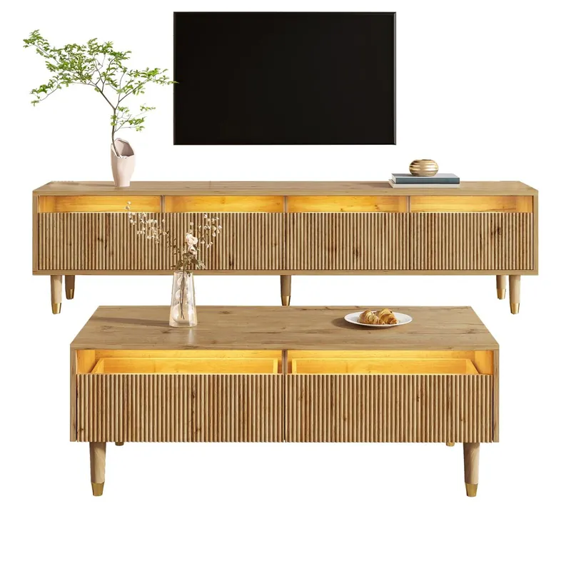 Juego de muebles LED - Mueble TV con 4 puertas y mesa de centro con 2 cajones - Diseño madera-dorado, iluminación LED