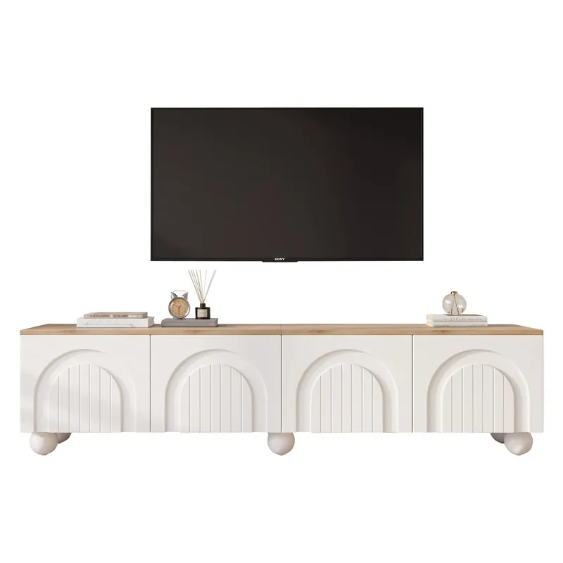 Mueble TV 180x40x45 cm - 4 armarios, 6 patas metálicas, adecuado para TV de 80'' - Blanco + Natural