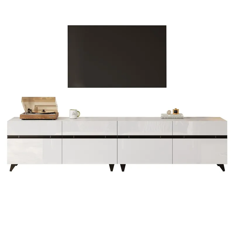 Mueble TV 180x40x49 cm - Alto brillo, 4 armarios, 8 patas, carga recomendada 52 kg - Blanco