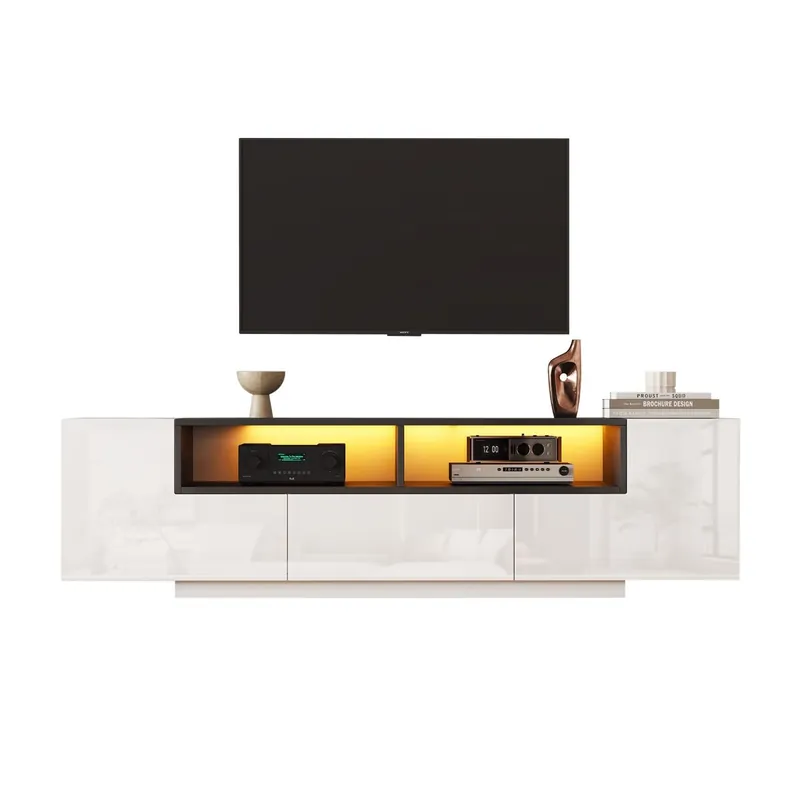 Mueble TV 180x40x48 cm - Lowboard con luz LED, forma en L, con cajones - Blanco y negro
