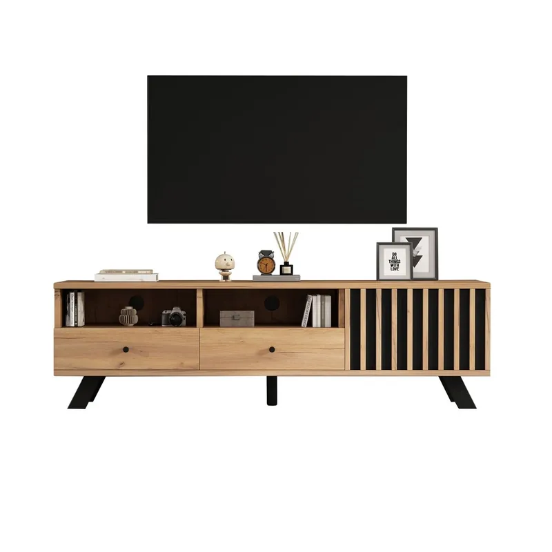 Mueble TV 150x38x44 cm - 2 cajones, 1 armario, para TV hasta 60" - Color madera natural