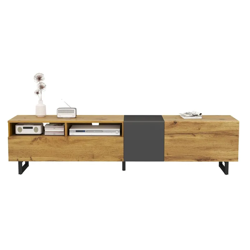 Mueble TV colorblock - Diseño contraste, 3 puertas y 2 estantes, patas metálicas U, madera retro - Gris oscuro antiguo, Natural