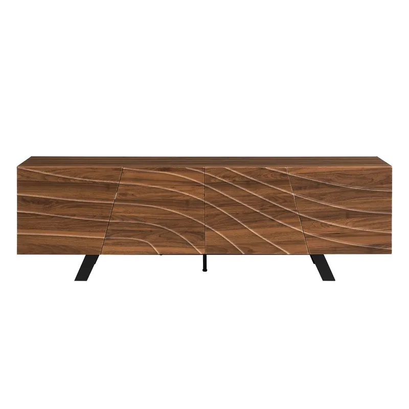 Mueble TV 160x39x50,5 cm - Lowboard con frente ondulado, gran almacenamiento, patas de hierro - Nogal