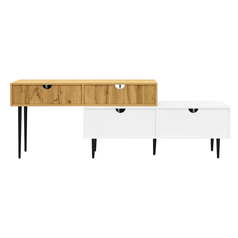 Mueble TV modular 2 piezas - Diseño ajustable, patas metálicas negras, madera y blanco mate
