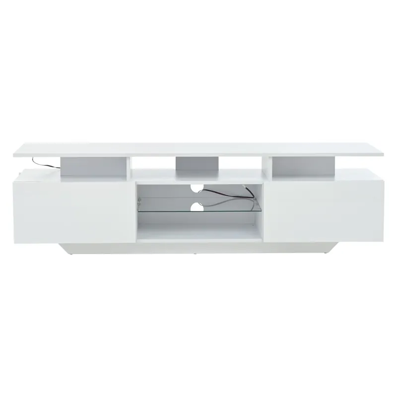Mueble TV 160x40x45 cm - Con 2 armarios, LED, 8 estantes, para TV de 70" - Blanco
