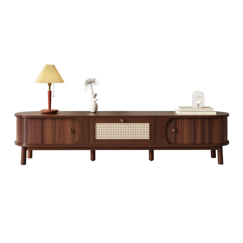 Mueble TV – Mueble para televisión con puertas de madera natural y cajones de ratán - Natural