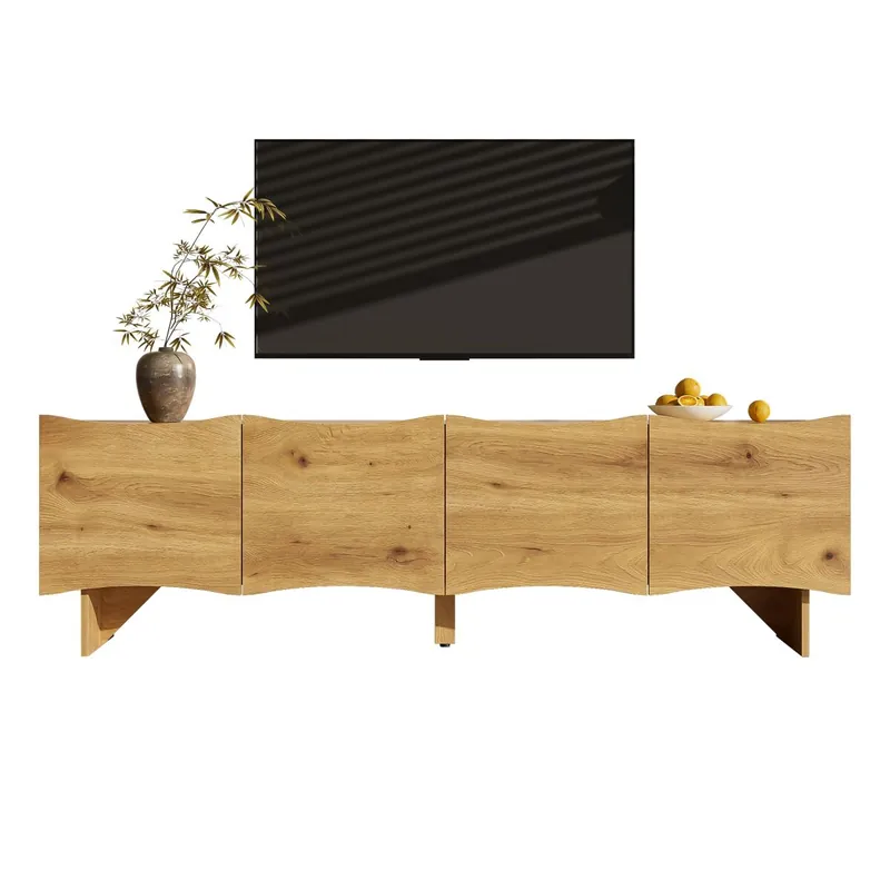 Mueble TV moderno 155 cm - Estilo con ondas, 4 puertas, almacenamiento y pasacables - Natural