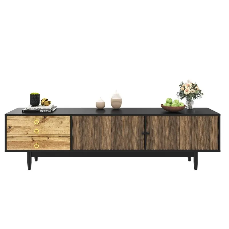 Mueble TV - Características de puertas con diseño de ondas y 3 cajones - Negro y Natural