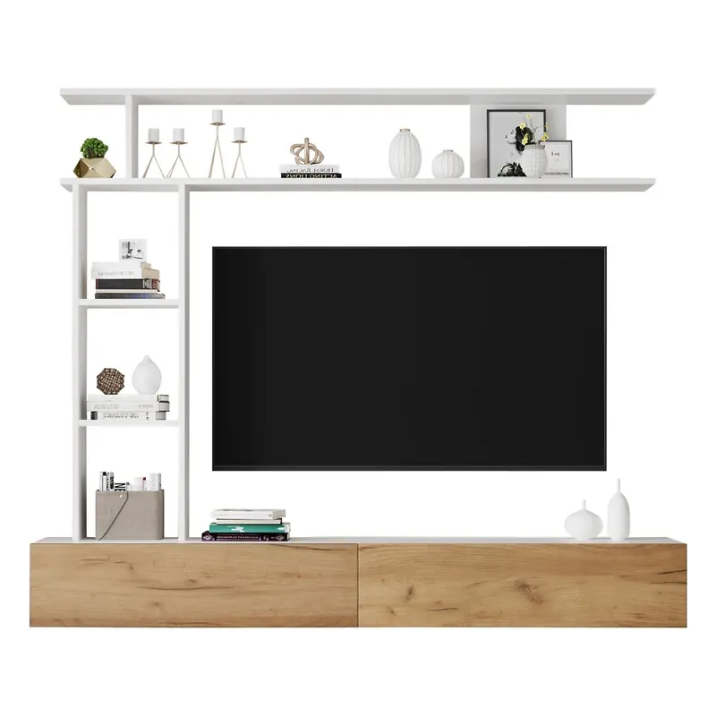 Mueble TV 180x35x22.5 cm - Set de sala con vitrinas, estante y tablero para TV - Blanco + Natural