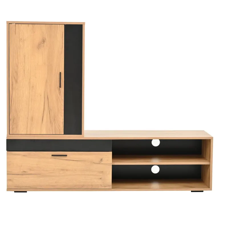 Mueble TV 140x35x39 cm - Set Completo 3 Piezas, TV-Board, Estante y Estante de Pared - Color Madera + Negro