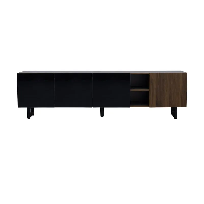 Mueble TV 180x38 cm - 4 puertas, bajo, diseño vintage - Negro y Natural