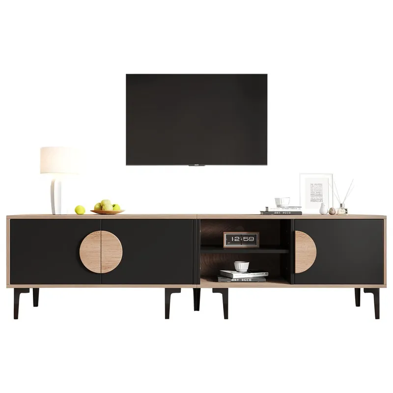 Mueble TV 180x35x49 cm - 2 armarios y estantes abiertos - Madera + Negro