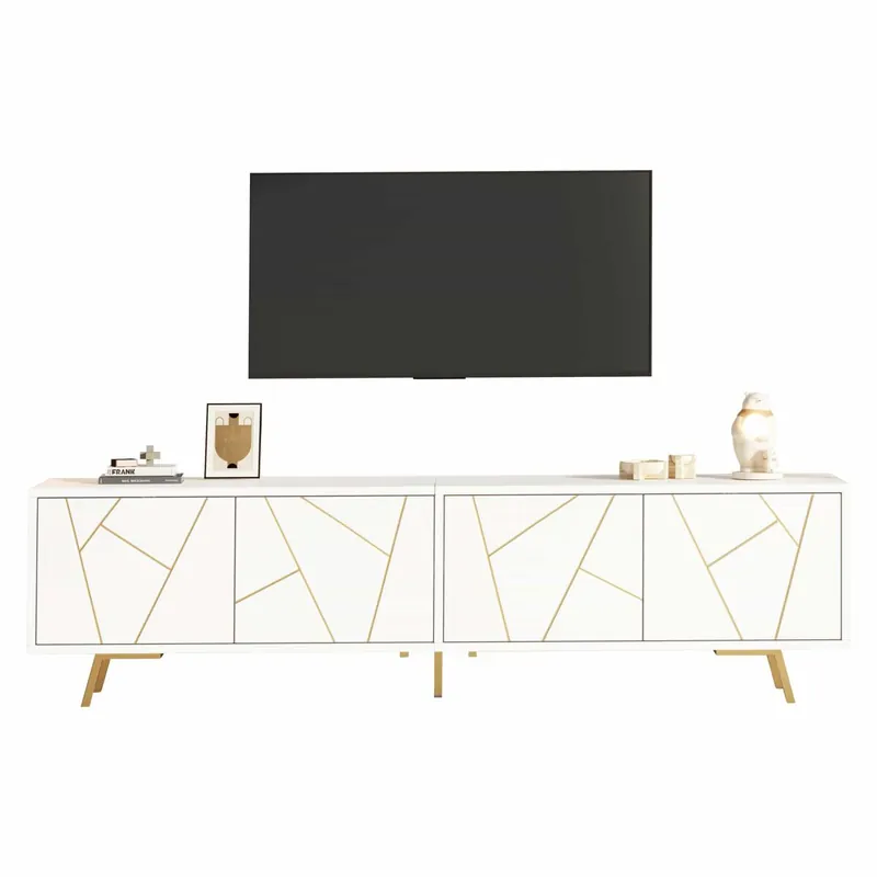 Mueble TV 190x40x51,5 cm - con 4 puertas, 6 patas metálicas, adecuado para televisores de hasta 85 pulgadas - blanco y dorado