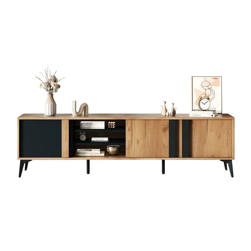 Mueble TV 180 cm - Para TV hasta 80" con puerta y estante abierto - Marrón/Negro