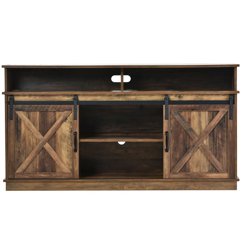 Mueble TV 148x40x78 cm - 2 puertas correderas, estantes ajustables, estilo rústico - Marrón
