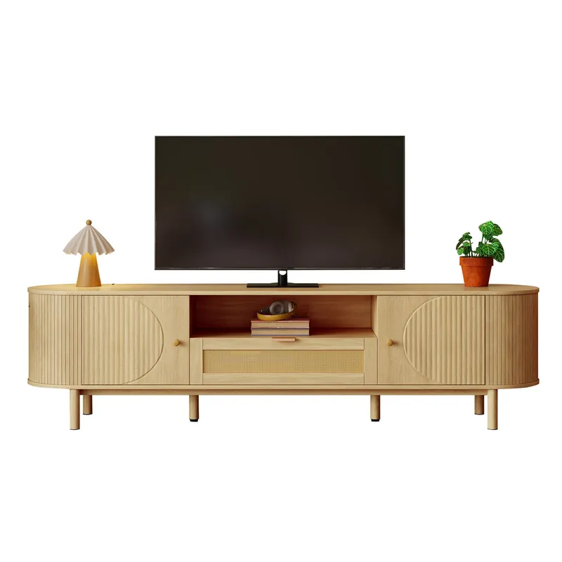 Mueble TV - Diseño moderno - Con cajones de ratán, estantes abiertos, y patas metálicas en acabado madera - Natural