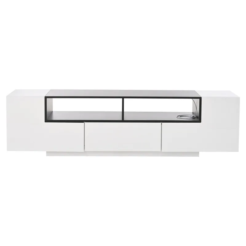 Mueble TV 180x40x48 cm - Lowboard con luz LED, forma en L, con cajones - Blanco y negro