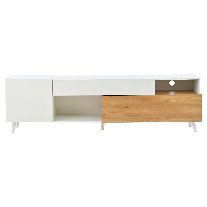 Mueble TV 180x38x50 cm - Lowboard con 1 puerta y 1 cajón - 7 compartimentos - Blanco + Natural