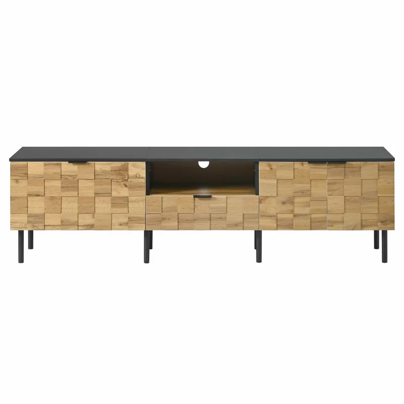 Mueble TV 160 cm - 2 puertas con cajón, estante abierto, patas de metal, estilo madera - Natural